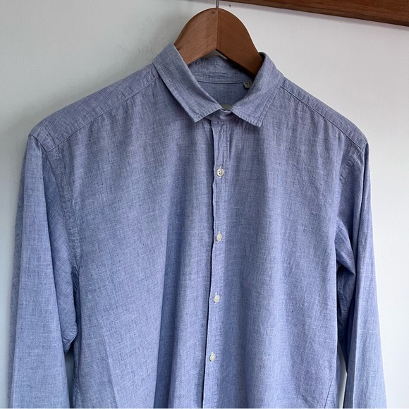 Oliver Spencer Shirt Size 15.5" Blue Long Sleeve Button Cuff Cotton Linen Blend - Picture 2 of 11